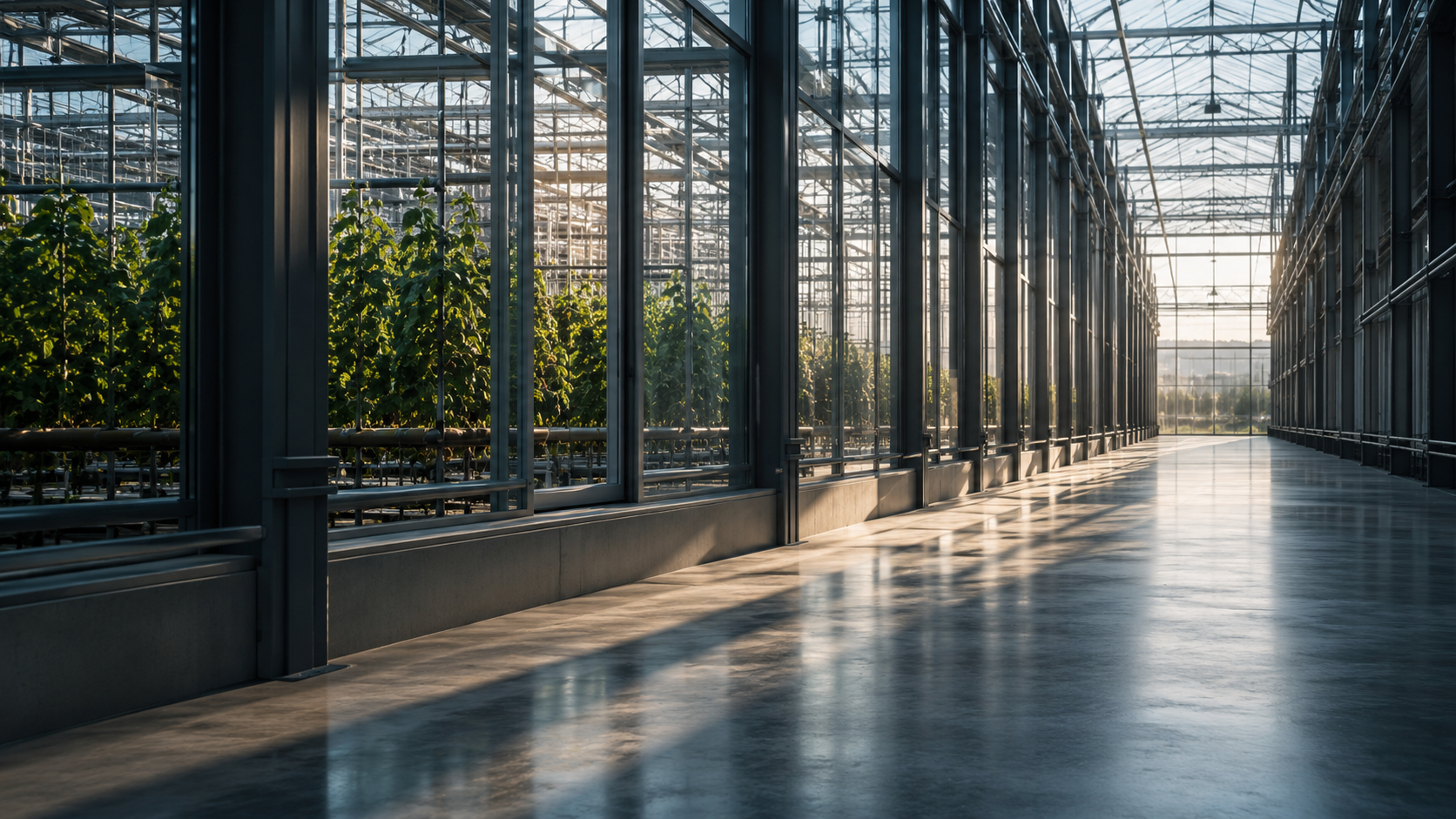 Light falling across the structural lines of a glasshouse facility